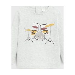 Mango Kids - Longsleeve dziecięcy Drums 80-104 cm. Szare t-shirty chłopięce Mango Kids, z aplikacjami, z bawełny, bez rękawów. Za 45,90 zł.