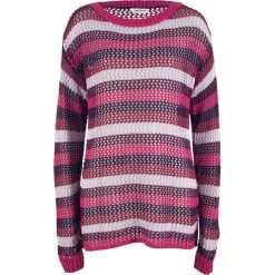 Sweter ażurowy w paski, długi rękaw bonprix jeżynowy w paski. Różowe swetry damskie bonprix, w paski, z długim rękawem, długie, bez kaptura. Za 37,99 zł.