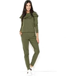 Khaki Komfortowy Komplet Bluza ze Spodniami. Brązowe bluzki damskie Molly.pl, s, z aplikacjami, bez rękawów, długie, bez kaptura. Za 135,90 zł.
