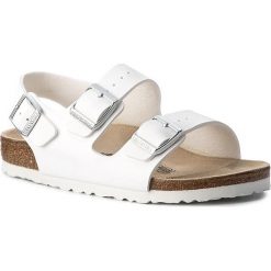 Sandały BIRKENSTOCK - Milano 034733 Weiss. Białe klapki damskie Birkenstock, bez wzorów, ze skóry ekologicznej, bez obcasa. W wyprzedaży za 219,00 zł.