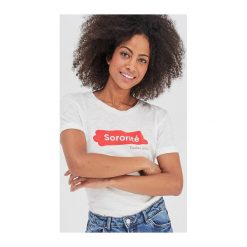 T-shirt z nadrukiem. Szare bluzki damskie Promod, z nadrukiem, bez kołnierzyka. Za 59,90 zł.