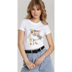 Biały T-shirt Kleora. Białe bluzki dziewczęce Renee, z haftami, z okrągłym kołnierzem, z krótkim rękawem, krótkie, bez kaptura. Za 49,99 zł.