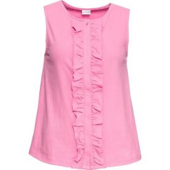 Top z falbaną bonprix matowy różowy. Różowe topy damskie bonprix, bez wzorów, bez kołnierzyka. Za 49,99 zł.