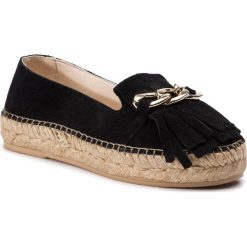 Espadryle EVA MINGE - EM-14-05-000106 801. Czarne espadryle damskie Eva Minge, z aplikacjami, z zamszu, bez obcasa, na płaskiej podeszwie. W wyprzedaży za 289,00 zł.