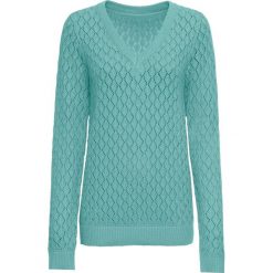 Sweter ażurowy bonprix morski pastelowy. Zielone swetry damskie bonprix, bez wzorów, bez rękawów, bez kaptura. Za 89,99 zł.