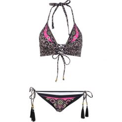 Bikini z ramiączkami wiązanymi na szyi (2 części) bonprix beżowo-brązowy w cętki leoparda. Brązowe stroje kąpielowe damskie bonprix, bez wzorów. Za 79,99 zł.