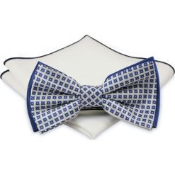 Mucha z poszetką - Chattier, Męska - Biało-Niebieska Drobna Kratka MUCH0379. Niebieskie muszki męskie Chattier, na imprezę, w paski, eleganckie. Za 44,00 zł.