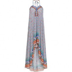 Sukienka kolorowa bonprix niebieski wzorzysty. Niebieskie sukienki damskie bonprix, z aplikacjami, eleganckie, z dekoltem na plecach, z długim rękawem, długie, maxi. Za 149,99 zł.