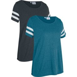 Shirt sportowy (2 szt.), krótki rękaw bonprix czarno-turkusowy. Czarne bluzki sportowe damskie bonprix, w paski, bez kołnierzyka, z krótkim rękawem, krótkie, bez kaptura. Za 65,98 zł.