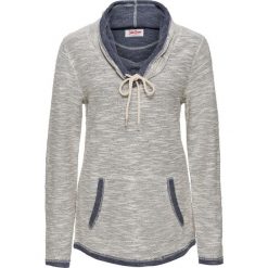 Bluza z szerokim kołnierzem, długi rękaw bonprix ciemnoniebieski melanż. Niebieskie bluzy damskie bonprix, bez wzorów, z długim rękawem, długie, bez kaptura. Za 59,99 zł.