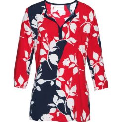 Tunika z wiskozy bonprix truskawkowo-ciemnoniebieski z nadrukiem. Czerwone tuniki damskie z długim rękawem bonprix, z nadrukiem, z wiskozy. Za 74,99 zł.