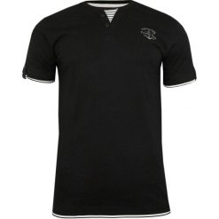 Czarny Bawełniany T-Shirt -PAKO JEANS- Męski, Krótki Rękaw, Dekolt z Guzikami, Wstawka w Paski TSPJNSTOWMcz. Czarne koszulki męskie Pako Jeans, m, w paski, z bawełny, casualowe, bez kołnierzyka, krótkie. Za 75,00 zł.