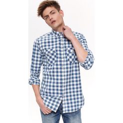 Koszula w kratkę slim fit. Niebieskie koszule męskie Top Secret, na lato, m, w kratkę, z tkaniny, bez kołnierzyka, z długim rękawem. W wyprzedaży za 49,99 zł.