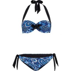 Bikini na fiszbinach bonprix ciemnoniebiesko-turkusowy z nadrukiem. Niebieskie stroje kąpielowe damskie bonprix, w paski. Za 89,99 zł.