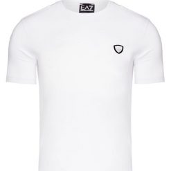 T-shirt EA7 EMPORIO ARMANI. Białe t-shirty męskie EA7 Emporio Armani, z aplikacjami, z bawełny, z okrągłym kołnierzem. Za 300,00 zł.