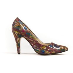 Kwiatowe czółenka na szpilce - skóra naturalna - model 035 - kolor brązowe kwiaty. Pomarańczowe czółenka damskie Zapato, na imprezę, z nadrukiem, ze skóry, na wysokim obcasie, na obcasie. Za 319,00 zł.
