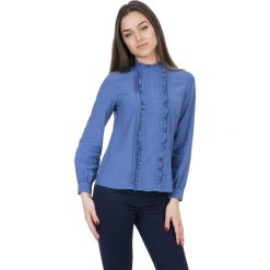 Bluzy damskie: Niebieska bluza z długim rękawem oraz falbaną na przodzie BIALCON