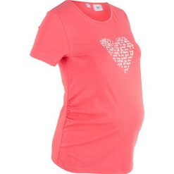 Shirt ciążowy z nadrukiem bonprix jasny koralowy. Różowe koszulki damskie bonprix, z nadrukiem, bez kołnierzyka. Za 21,99 zł.