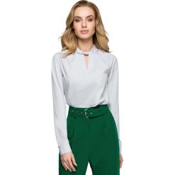 Szara Elegancka Bluzka z Przeplecioną Stójką. Szare bluzki longsleeves Molly.pl, l, biznesowe, dekolt w kształcie v. Za 99,90 zł.