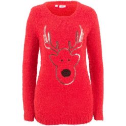 Sweter, długi rękaw bonprix truskawkowy. Czerwone swetry damskie bonprix, bez wzorów, z długim rękawem, długie, bez kaptura. Za 89,99 zł.