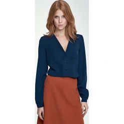 Granatowa Koszula Elegancka z Dekoltem V. Niebieskie bluzki damskie marki Molly.pl, s, bez wzorów, eleganckie, bez kołnierzyka, z długim rękawem. Za 104,90 zł.