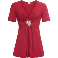 Shirt z odpinaną broszką bonprix pomarańczowo-czerwony. Czerwone koszulki damskie bonprix, bez wzorów, z dekoltem w serek, bez rękawów. Za 74,99 zł.