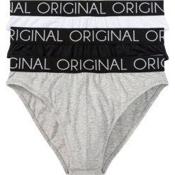 Slipy (3 pary) bonprix jasnoszary melanż + czarny + biały. Szare slipy męskie bonprix, xl, z napisami. Za 22,47 zł.
