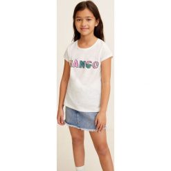 Mango Kids - Top dziecięcy Mangolo4 104-164 cm. Szare bluzki dziewczęce Mango Kids, bez wzorów, z bawełny, z okrągłym kołnierzem, z krótkim rękawem, krótkie, bez kaptura. Za 49,90 zł.