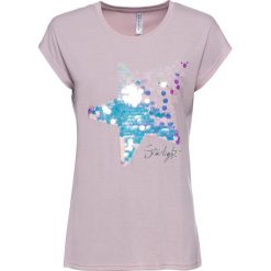 T-shirt z cekinami bonprix matowy jasnoróżowy. Fioletowe koszulki damskie bonprix, bez wzorów, z okrągłym kołnierzem, bez rękawów. Za 42,99 zł.