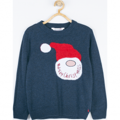 Sweter. Szare swetry chłopięce Merry Christmas, z napisami, z bawełny, z klasycznym kołnierzykiem. Za 79,90 zł.