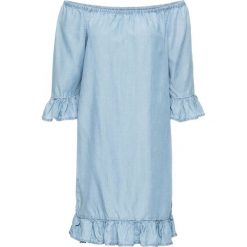 Sukienka z falbanami z materiału TENCEL® bonprix niebieski "bleached”. Niebieskie sukienki damskie bonprix, bez wzorów, bez kołnierzyka, bez rękawów. Za 64,99 zł.