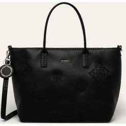 Desigual - Torebka. Czarne torby damskie na zakupy Desigual, w paski, z poliesteru, na ramię, duże, z aplikacjami. W wyprzedaży za 219,90 zł.