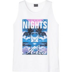 Koszulka bez rękawów Slim Fit bonprix biały z nadrukiem. Białe koszulki męskie bonprix, s, z nadrukiem, z okrągłym kołnierzem, bez rękawów. Za 21,99 zł.