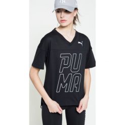 Puma - Top. Czarne topy damskie marki Puma, s, z nadrukiem, z bawełny, z okrągłym kołnierzem. W wyprzedaży za 89,90 zł.