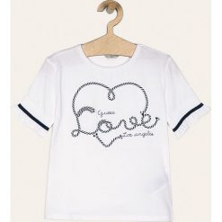 Guess Jeans - T-shirt dziecięcy 118-175 cm. Białe bluzki dziewczęce Guess Jeans, z aplikacjami, z bawełny, z okrągłym kołnierzem, z krótkim rękawem, krótkie, bez kaptura. Za 99,90 zł.