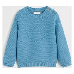 Mango Kids - Sweter dziecięcy Cami 80-104 cm. Niebieskie swetry dziewczęce z aplikacjami, z bawełny, z okrągłym kołnierzem, krótkie. Za 69,90 zł.
