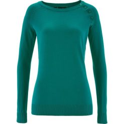 Swetry damskie: Sweter z plisą guzikową bonprix ciemnoszmaragdowy