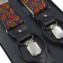 Granatowe szelki na żabki i guziki - wzór paisley G39. Szelki męskie Modini Moda Męska. W wyprzedaży za 99,00 zł.