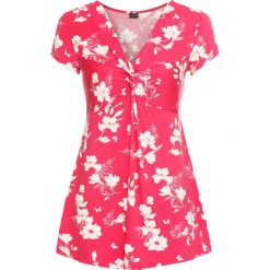 Shirt bonprix różowy w kwiaty. Różowe koszulki damskie bonprix, z nadrukiem, z dekoltem w serek, bez rękawów. Za 59,99 zł.