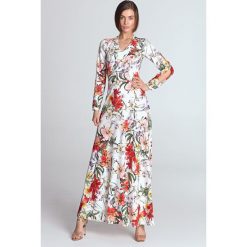 Sukienka do kostek w kwiaty ecru - 36. Sukienki damskie e-margeritka.pl, xl, w kwiaty, z poliesteru, eleganckie, z długim rękawem, długie, bez kaptura. Za 248,99 zł.