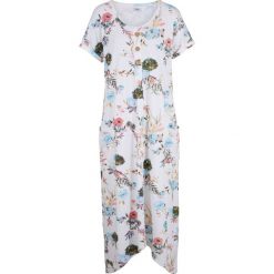 Sukienka shirtowa z dłuższymi bokami bonprix biały w kwiaty. Białe sukienki damskie bonprix, w kwiaty, bez kołnierzyka, bez rękawów. Za 109,99 zł.