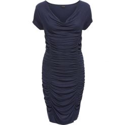 Sukienka ze stretchem i drapowaniem bonprix ciemnoniebieski. Niebieskie sukienki damskie bonprix, z nadrukiem, eleganckie, bez kołnierzyka, bez rękawów. Za 37,99 zł.