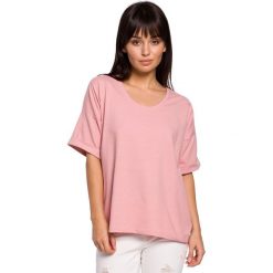 T-shirt oversize z dekoltem i haftem - różowy. Różowe t-shirty damskie BE, s, z haftami, z elastanu, bez kołnierzyka. Za 139,00 zł.