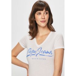 Pepe Jeans - Top Andrea. Białe bluzki damskie Pepe Jeans, s, z nadrukiem, z bawełny, casualowe, z okrągłym kołnierzem, z krótkim rękawem. W wyprzedaży za 59,90 zł.