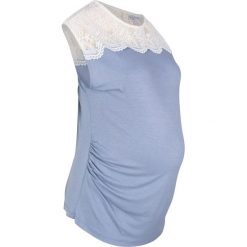 Shirt ciążowy z koronką bonprix matowy niebieski. Niebieskie koszulki damskie marki bonprix, w koronkowe wzory, z koronki, bez kołnierzyka. Za 54,99 zł.