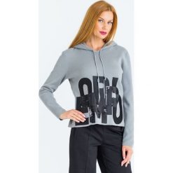 SWETER emporio armani. Szare swetry damskie Emporio Armani, z aplikacjami, z materiału, bez rękawów, z kapturem. Za 846,30 zł.
