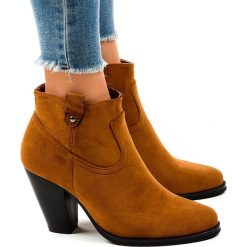Brązowe Camel zamszowe botki na słupku TX-1822. Pomarańczowe botki damskie ButyModne, na wiosnę, z tkaniny, eleganckie, na wysokim obcasie, na obcasie, na zamek. W wyprzedaży za 129,00 zł.