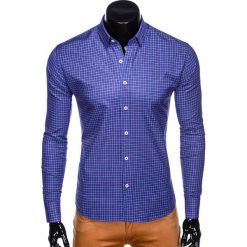 Koszula męska w kratę z długim rękawem K434 - jasnogranatowa. Niebieskie koszule męskie Ombre Clothing, s, bez wzorów, z bawełny, bez kołnierzyka, z długim rękawem. Za 39,00 zł.