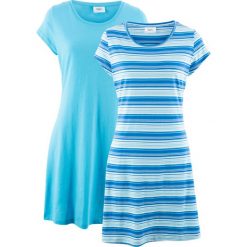 Sukienka shirtowa ze stretchem (2 szt.), w paski + gładka bonprix lazurowy w paski + turkusowy. Niebieskie sukienki damskie bonprix, w paski, bez kołnierzyka, bez rękawów. Za 75,98 zł.