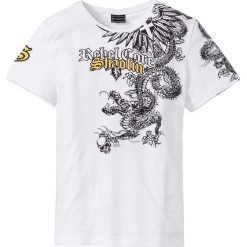 T-shirt bonprix biały. Białe koszulki męskie bonprix, s, z nadrukiem, bez kołnierzyka, bez rękawów. Za 34,99 zł.
